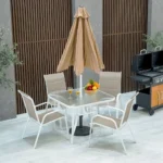 Eve 1 + 4-Seater Textilene Dining Set with Umbrella - White/Khaki