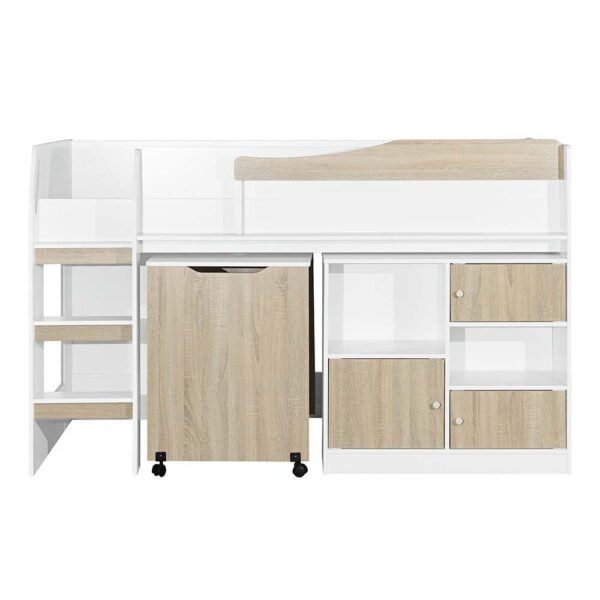 Kinder 90x190 Mid Sleeper Bed with Study Desk & Storage - White & Sonoma Oak