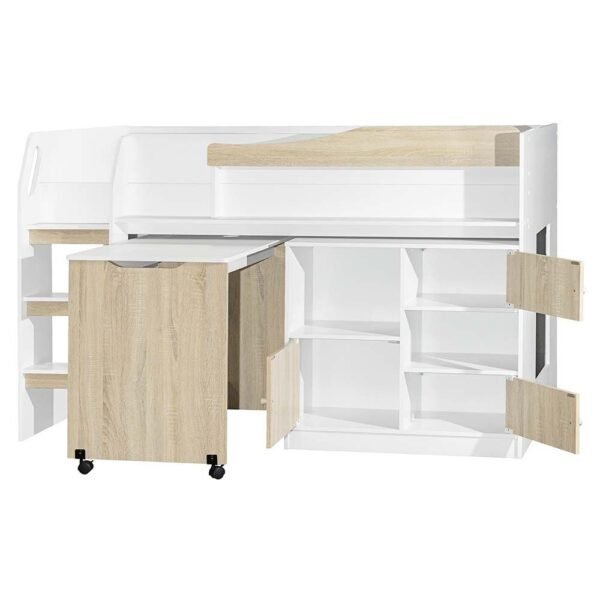 Kinder 90x190 Mid Sleeper Bed with Study Desk & Storage - White & Sonoma Oak
