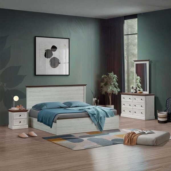 Pioneer 180x200 King Bed Set with 2 Nightstands & Dresser/Mirror - White Oak/Brown