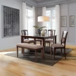 Morrison 1+4+2-Seater Bench Wooden Dining Set - Dark Walnut/Beige