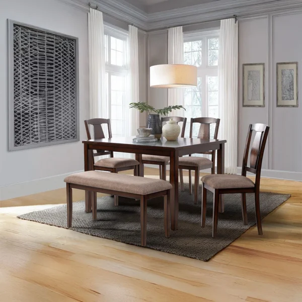Morrison 1+4+2-Seater Bench Wooden Dining Set - Dark Walnut/Beige